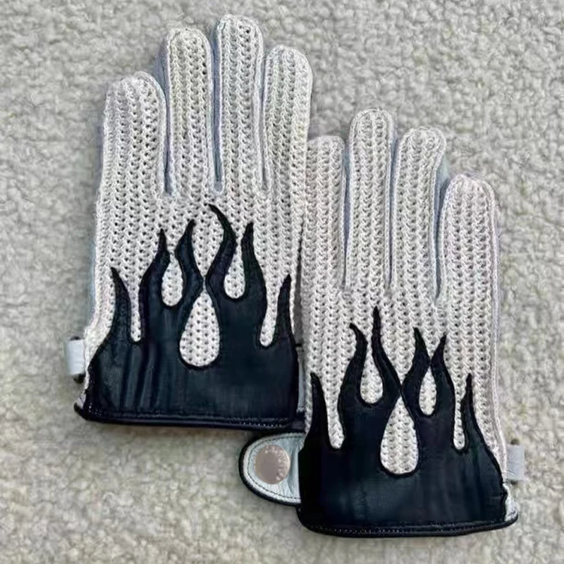 Retro Deer Leather Flame Motorcycle Gloves Mens Four Seasons Knit Holes Cool Thin Unlined Luvas Touch Screen Riding Gym Guantes