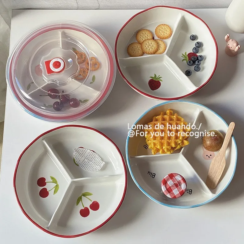 Divider plate Household ceramic deepen with lid fat reduction ration divider bowl divider plate fruit plate bento box