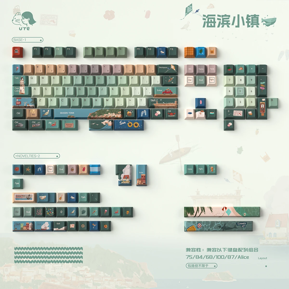 

Seaside Town Theme Green Key Caps PBT 5-Sided Dye Sublimation Cherry Profile Fit 60%-108% Mechanical Keyboard Peripheral Keycaps