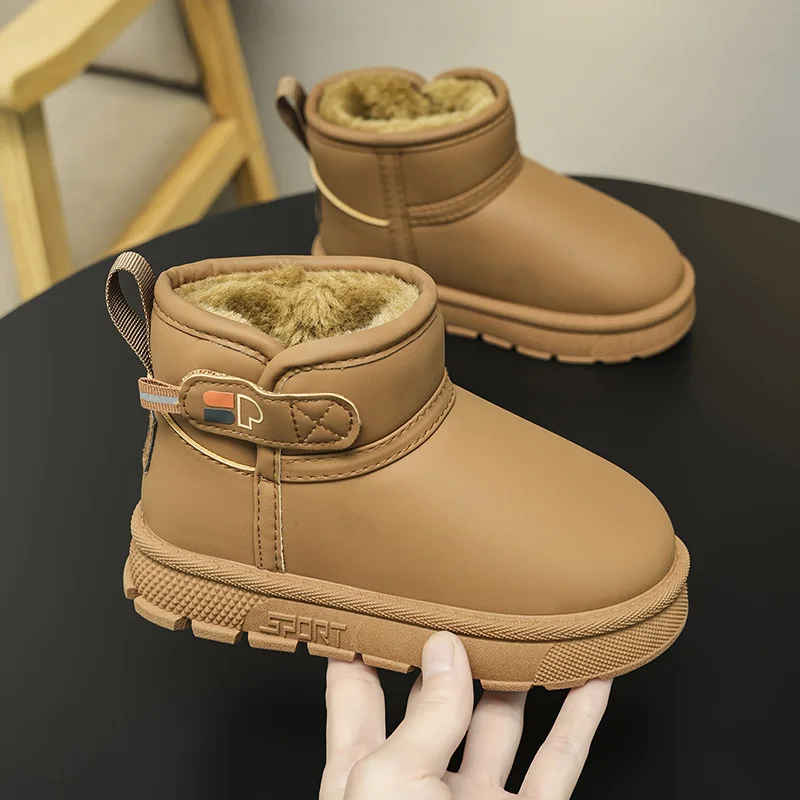 

new Children's Warm Leather Boots Fashion Boots Winter Thickened Boys Girls' Anti Slip Side Zipper Solid Color Kids Casual Shoes