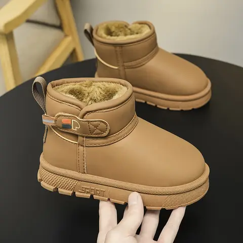 new Children's Warm Leather Boots Fashion Boots Winter Thickened Boys Girls' Anti Slip Side Zipper Solid Color Kids Casual Shoes