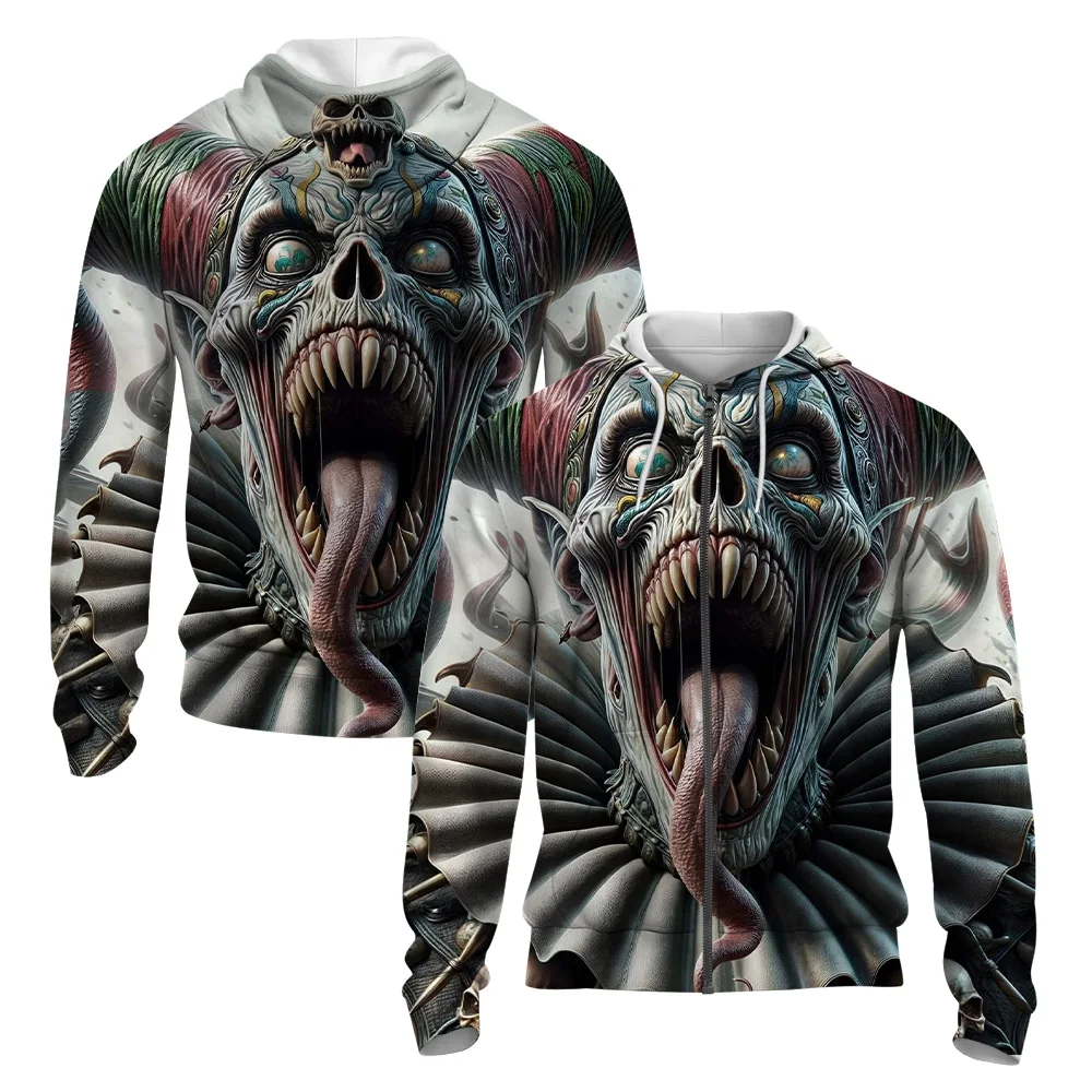 Spring And Autumn New Thick Warm Long Sleeve Top Men's Casual Halloween Hooded Zipper Hoodie Cool Clown Print Cardigan