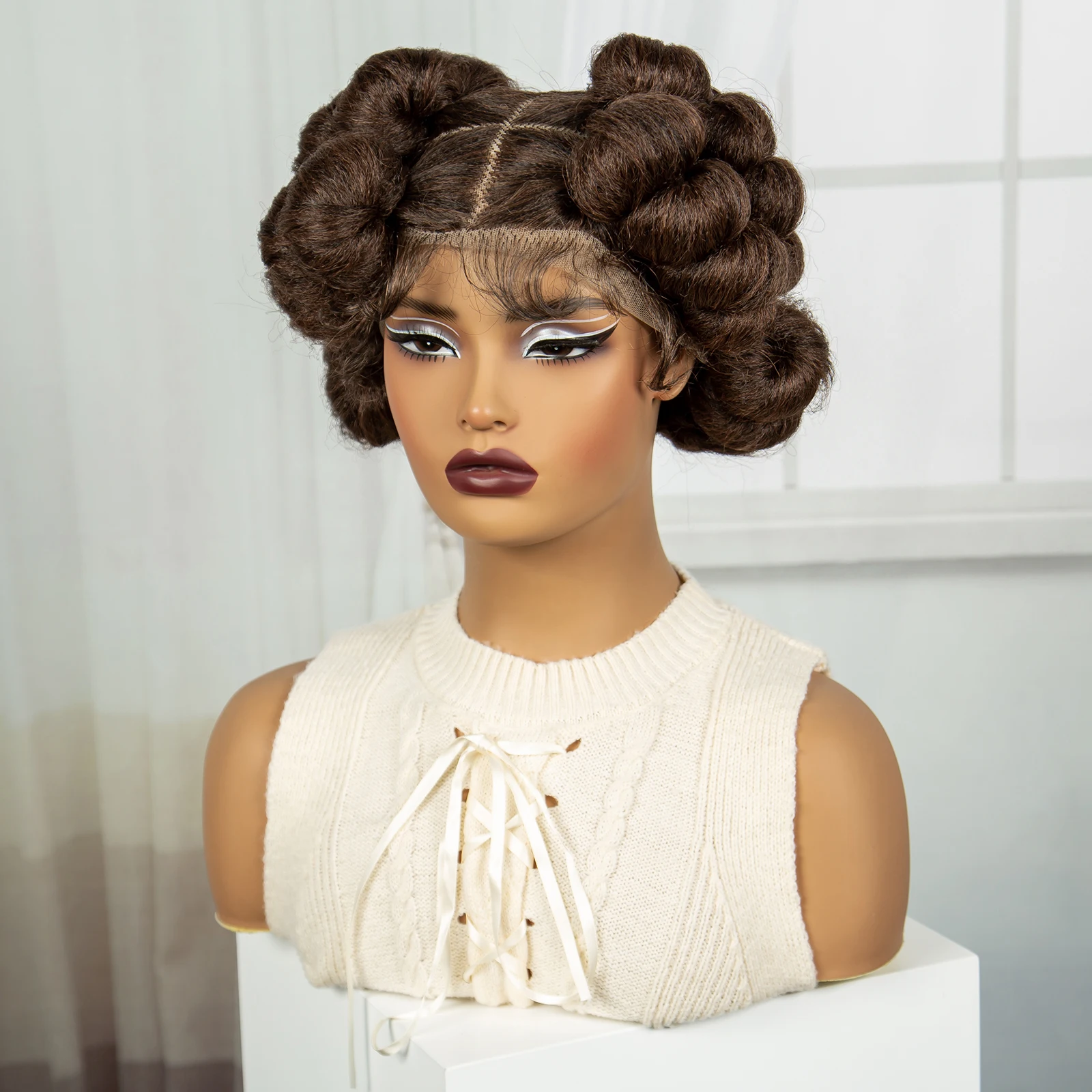 Bantu Braided Wigs Synthetic Transparent Full Lace Braided Lace Wigs Ginger Orange Color Short Cute Handmade Knotless Braids Wig