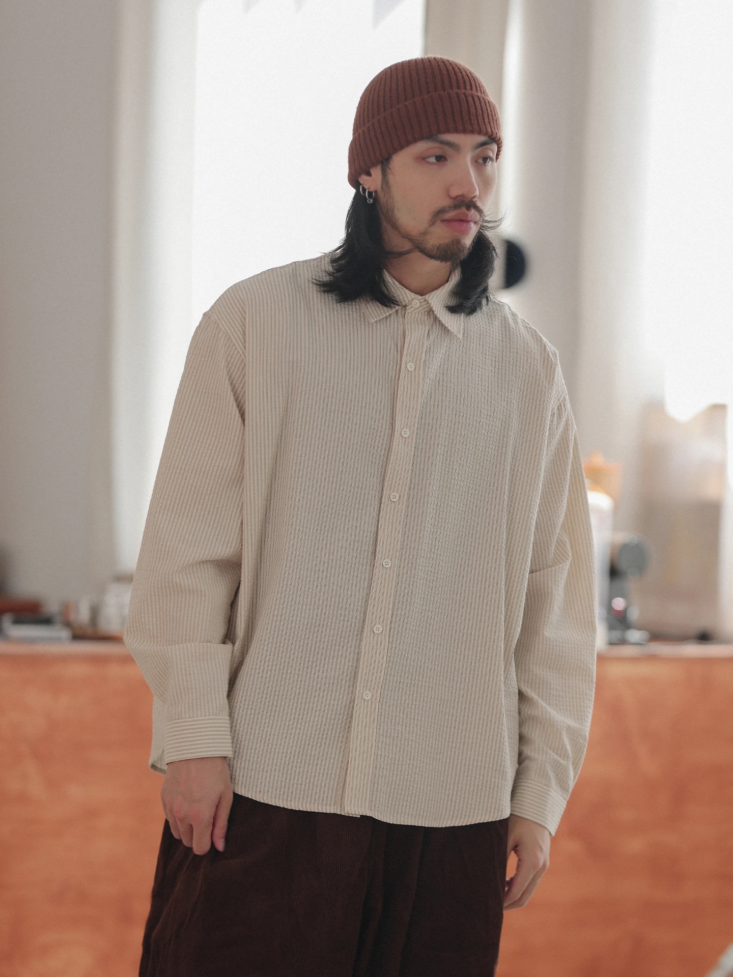 

Мужская повседневная дышащая рубашка Noears Autumn Vintage из пузырчатого хлопка с длинным рукавом, свободного кроя, в полоску, светло-желтая