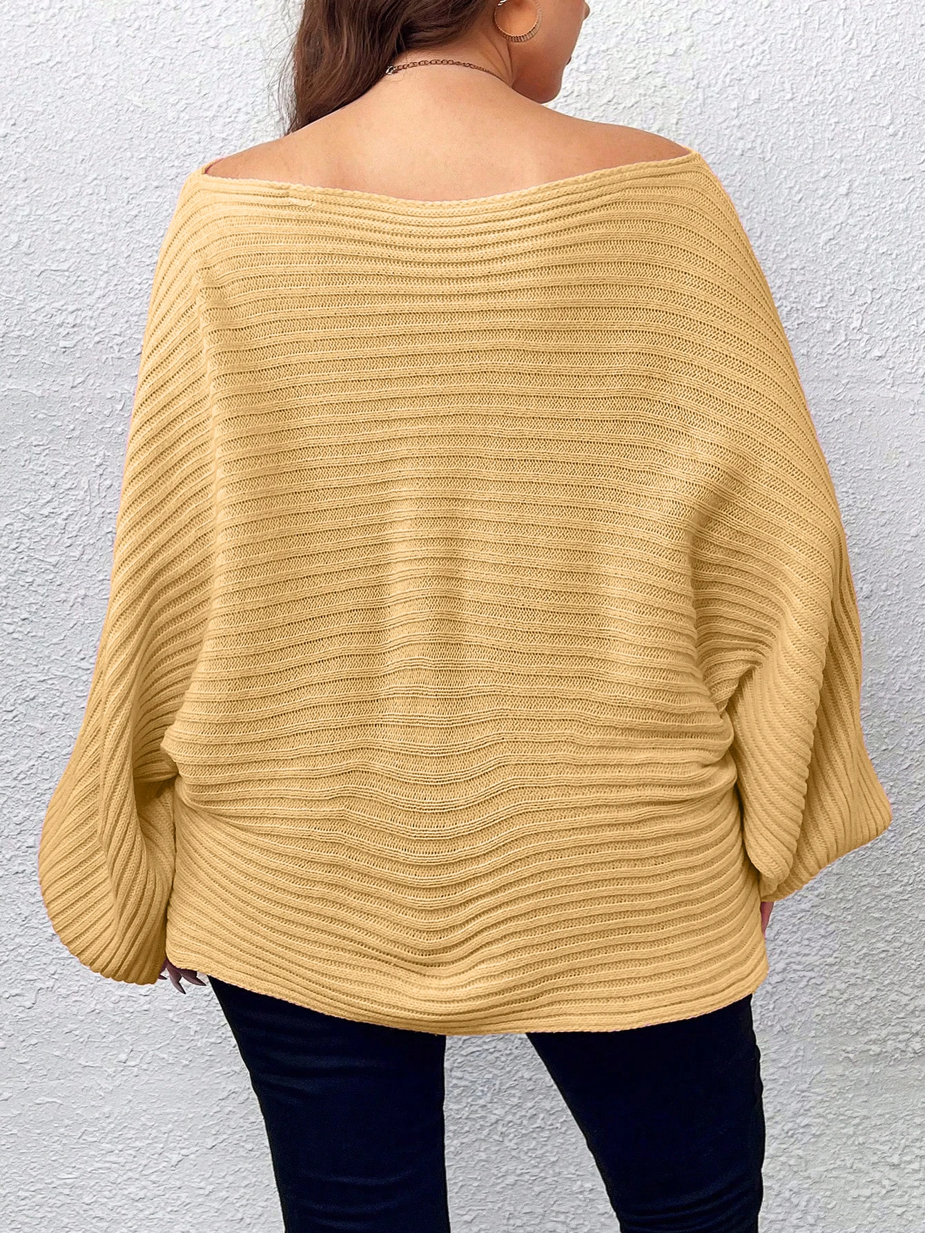 Europe and the United States large size women's new casual one-line collar lantern sleeve sweater knitted top for women