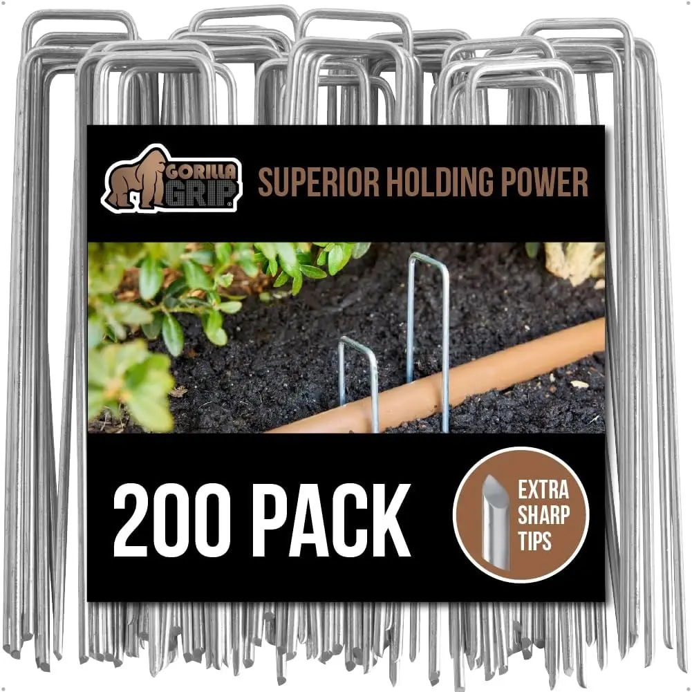 

200 Pack Galvanized Steel Landscape Staples, Rust-Resistant Sharp Tips, Adjustable Garden Stakes for Outdoor Lawn Anchoring