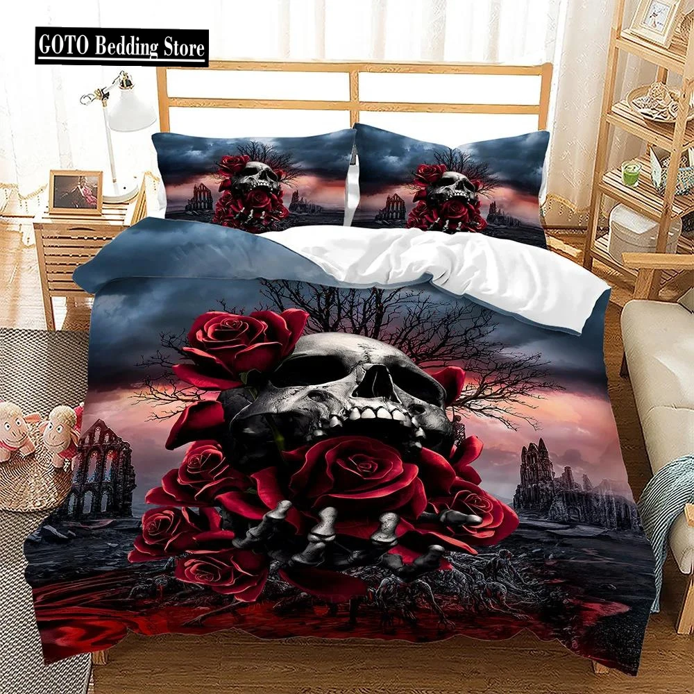 

Branch Red Rose Halloween Skull Decorative Quilt Cover+ Pillowcase Horror Pattern Quilt Cover Set Duvets and Bedding Sets Duvet