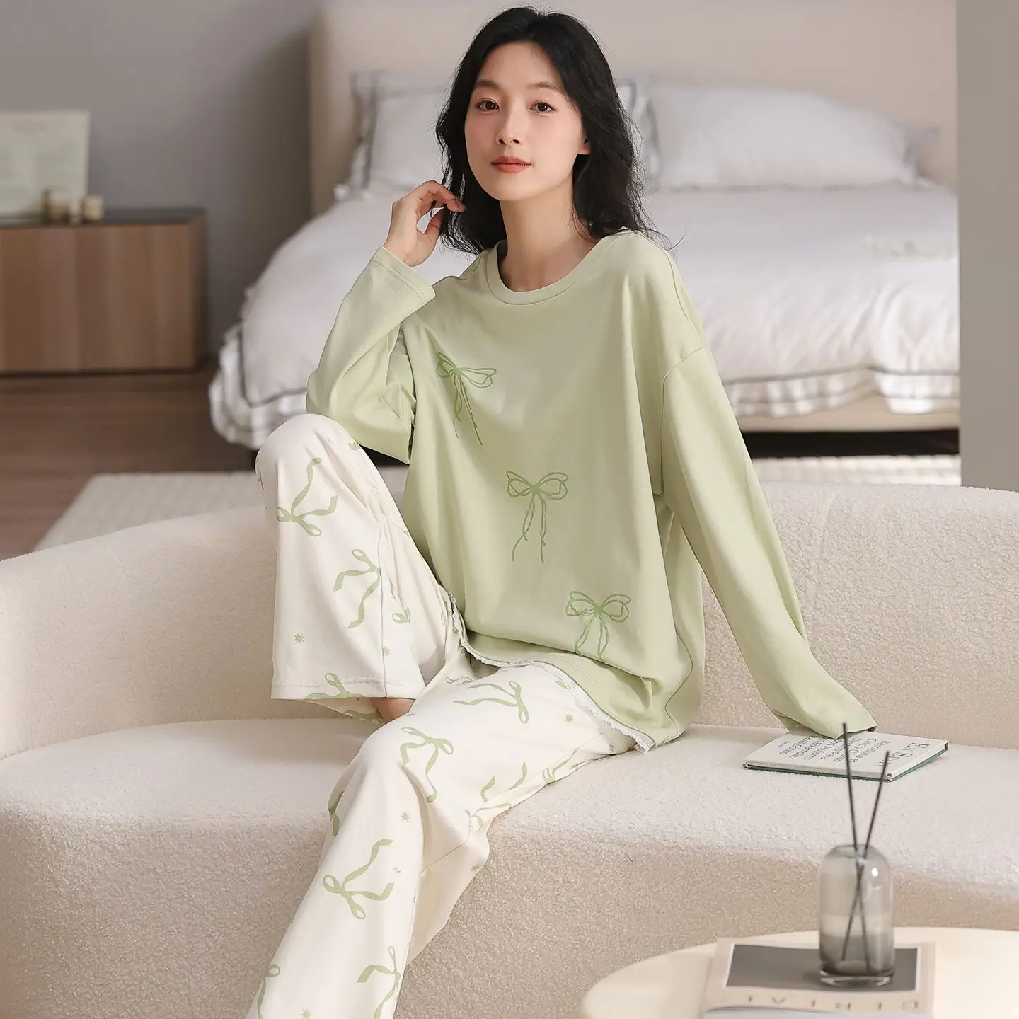 أطقم بيجامات قطنية 100% بأكمام طويلة لربيع وخريف 2026 للنساء ملابس نوم كورية لطيفة ملابس منزلية بيجاما موهير ملابس منزلية
