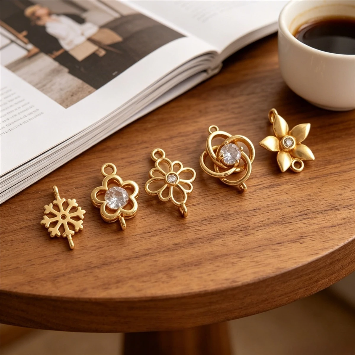 Brass 14K Gold Plated Zircon Snowflake Plum Blossom Double Connector Charms 1pcs DIY Floral Beading Supplies