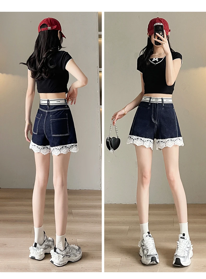 여름 레이스 패치 워크 청바지 반바지 여성 디자이너 오피스 캐주얼 레이디 하이 웨이스트 데님 반바지 여성 트렌드 블루 에센셜 반바지