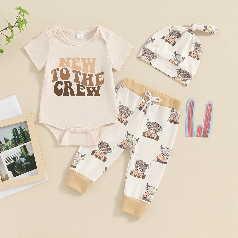 

Baby Boys Girls Summer Outfits Letter Print Crew Neck Short Sleeve Rompers Long Pants Hat 3Pcs Clothes Set