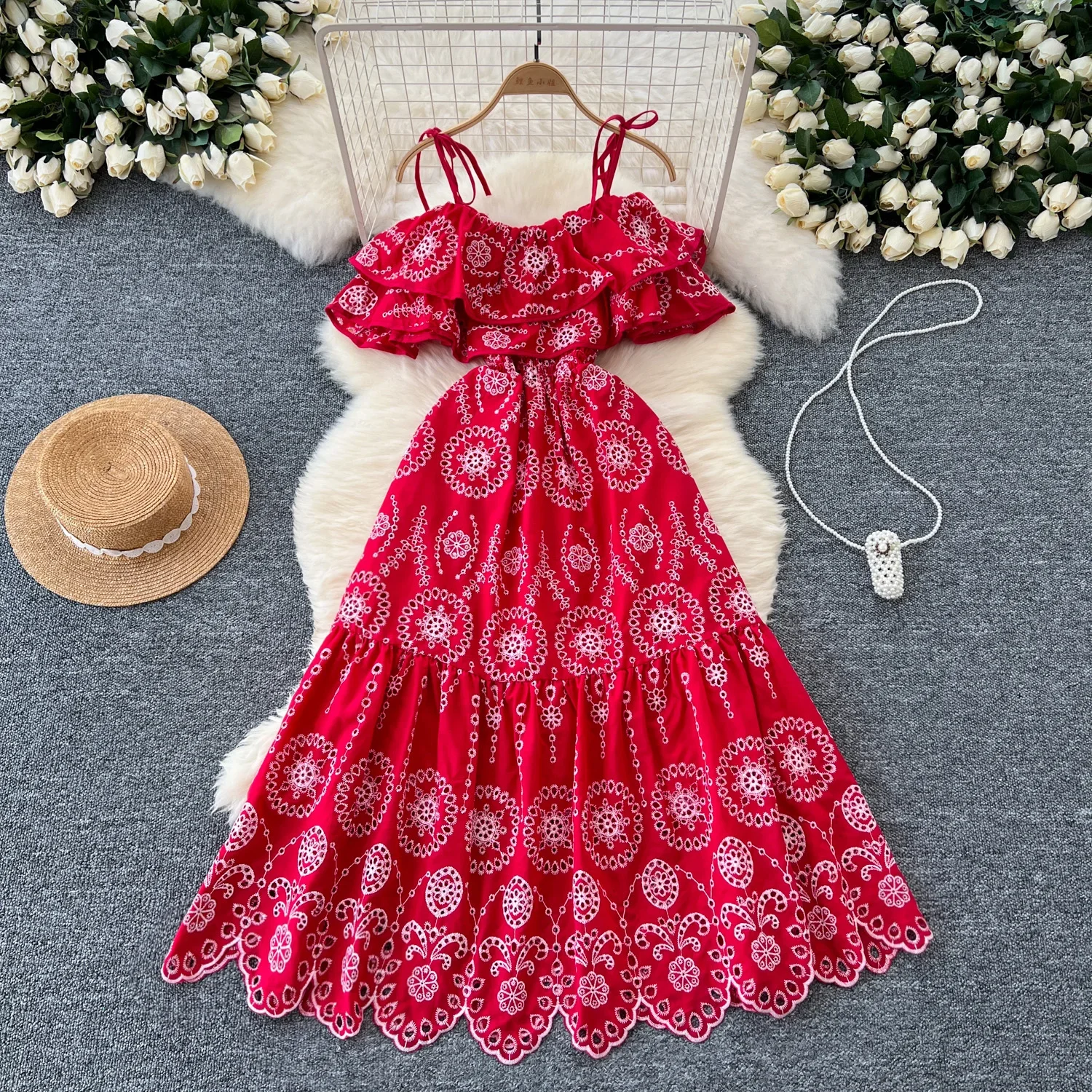 Chic Korean Sexy Off Shoulder Slim Ruffle Hollow Out Embroidered Straps A-line Dress High Street Vacation Vintage Women Clothing