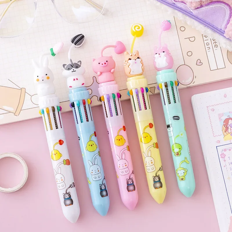 5Pcs Kawaii Animal 10 Colors Ballpoint Pens Cute Cartoon Rabbit Pig Retractable Multicolor Writing Pen School Office Stationery