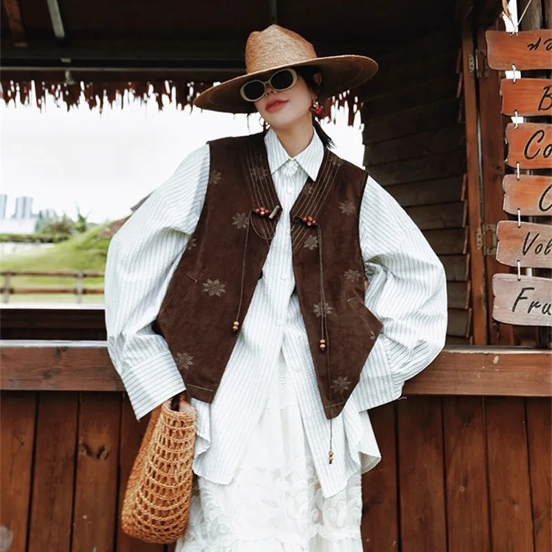 

100-104cm Bust Spring Fall Vests Women New Chinese Style Elegant Handmade Beads Tassel Snowflake Print Brown Vest Outfit Jackets