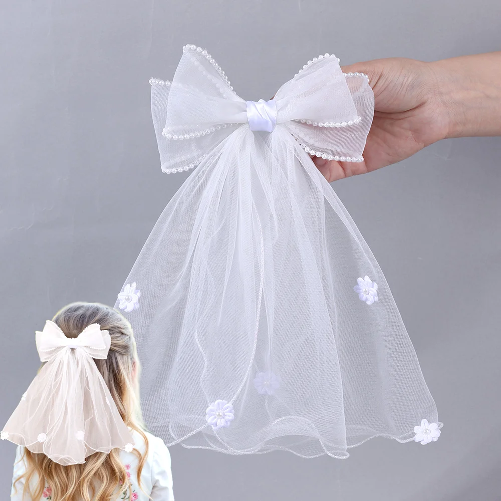 

Белые тюлевые заколки для волос для девочек, большая заколка с сетчатым бантом и цветком, летние аксессуары для волос для вечеринок и свадеб, женские украшения для головы