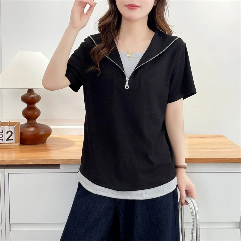 

Women Plus Size Fake 2 Piece Tee Shawl Lapel Short Sleeve Color Block Fashion Curvy Tops 2608