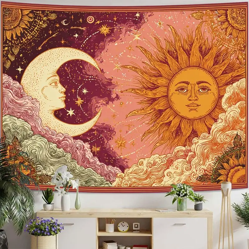 VIKAMA Wall Tapestry Retro Bohemian Sun Moon Star Tapestry Hand drawn Sun Moon Cloud Printing Print Tapestry Hanging Cloth