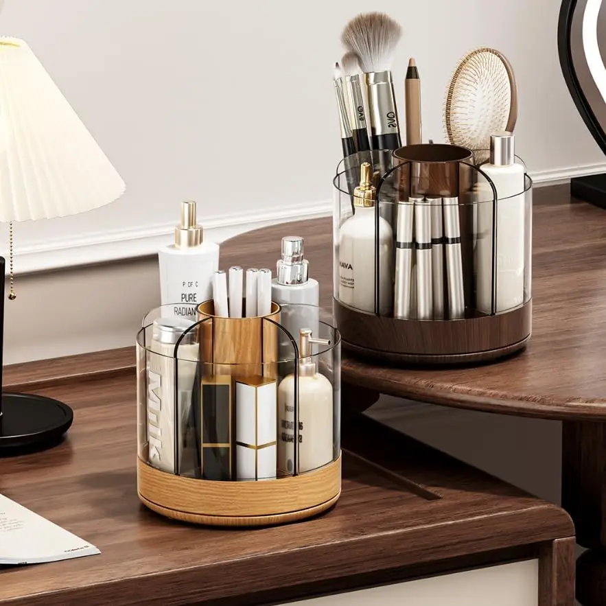 Makeup Brush Holder 360° Rotating 6 Slot Multi-Compartment Storage, Acrylic Spinning Organizer for Cosmetics Nail Polish Combs,