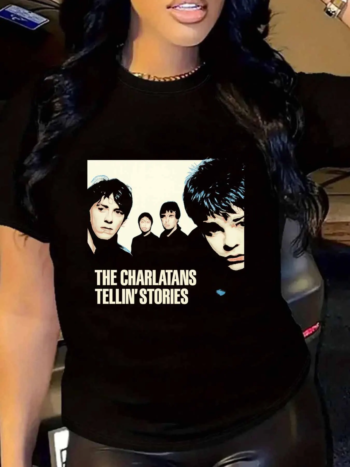 【WY103260】تيشيرت نسائي بمقاس كبير ورقبة دائرية وأكمام قصيرة مع نصف كم مرن ومطبوعات عصرية