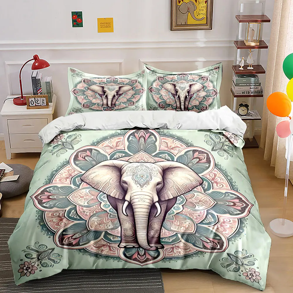 Mandala Decorated Elephant Illustration Duvet Cover Set with 3D Printing Design Soft Polyester Bedding Set All-Season Comfort