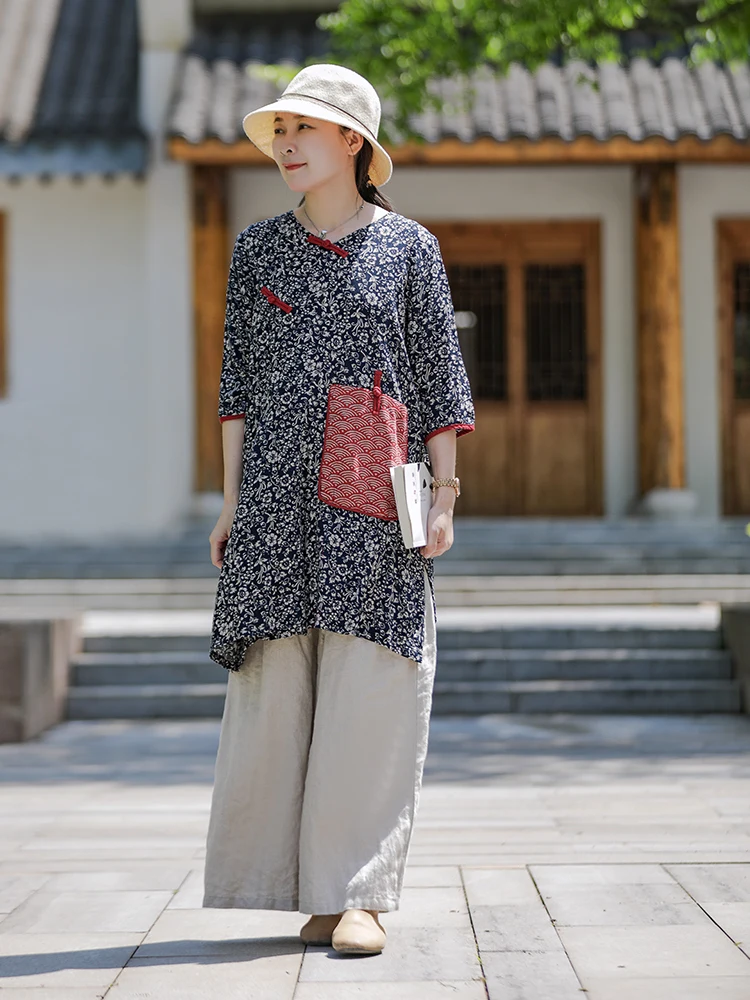 

Удобная хлопково-льняная блузка оверсайз средней длины с винтажным цветочным принтом, повседневная, для работы и отдыха