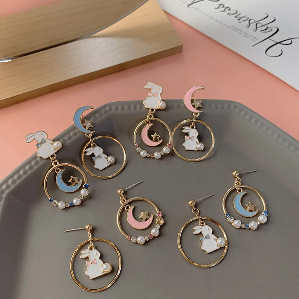 Ins Cute Moon Pink Korean Enamel Rabbit Drop Earrings Asymmetric Earrings Anti Allergy