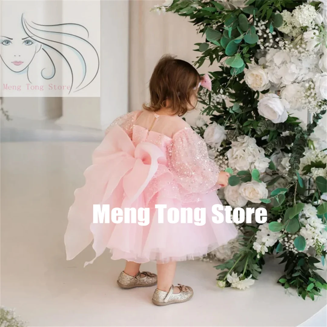 Customization Pink Tulle Applique Flower Girl Dress For Wedding O-neck Sequins Puffy Kids Birthday First