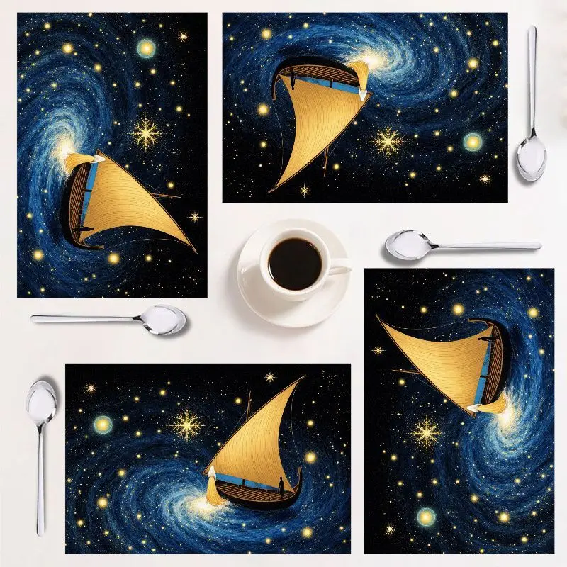 

4-piece placemat set, cosmic sailboat design, easy to clean, rectangular home decor, perfect for holidays!