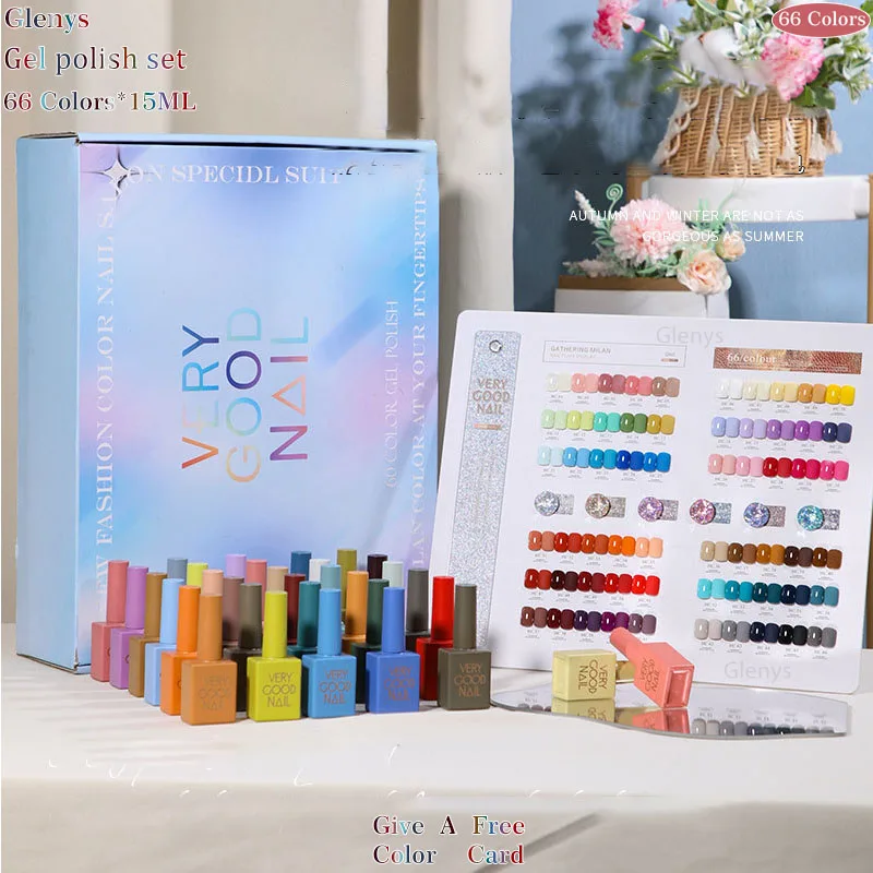 Glenys 66 pieces * 15ml nail polish glue popular semi permanent immersion gel whitening color matching card varnish set