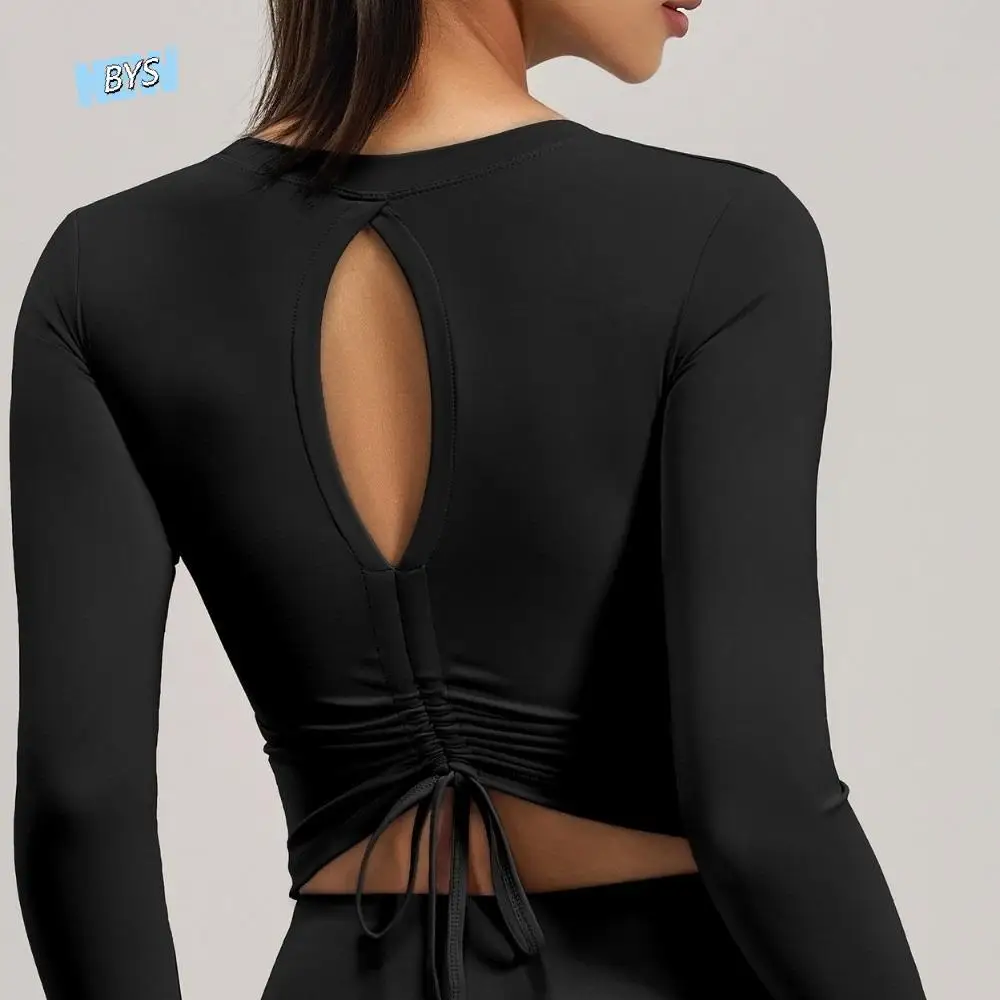 

Ruffled Fit Back Drawstring Sportswear with Chest Pad Long Sleeve Fitness Yoga Top Workout Wear Elastic Pilates Yoga Shirts