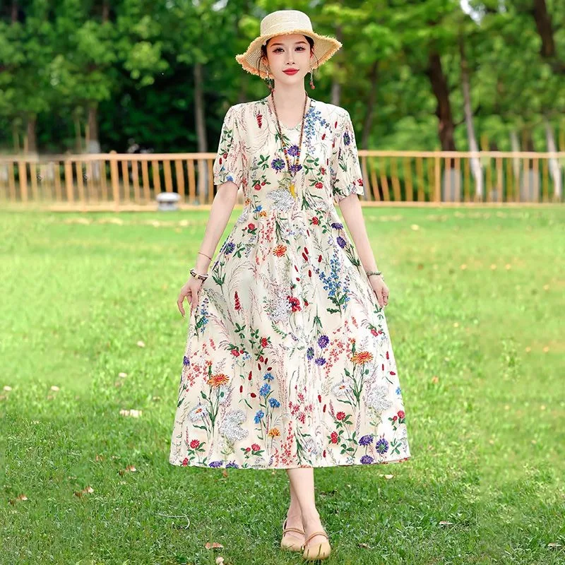 

Women's Floral Print Cotton Dress Loose Plus Size Casual Summer Midi Dress