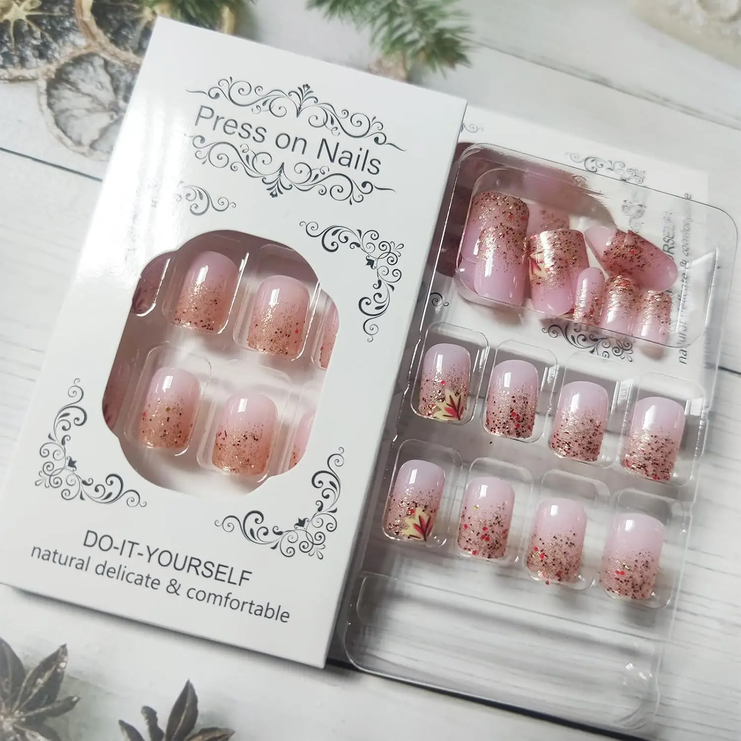 Künstliche Nägel, gefallene Blätter, zum Aufdrücken der Nägel, glänzendes Gold, Glitzer, Acryl, künstliches Nagelgel, zum Aufkleben auf Spitzen, Herbst-Ahornblätter, zum Aufkleben auf die Nägel