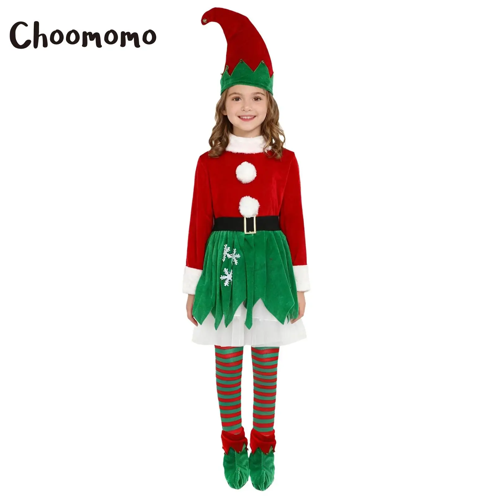 

Girls Christmas Elf Costume Dress Outfit Long Sleeve Tutu Dress And Hat Belt Socks Shoe Covers New Year Gift Xmas Party Suit