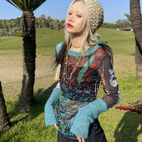 Graphic T Shirts Streetwear Y2k Women Sheer Mesh Knit Patchwork Long Sleeve Top Grunge Clothes 90’s Aesthetic