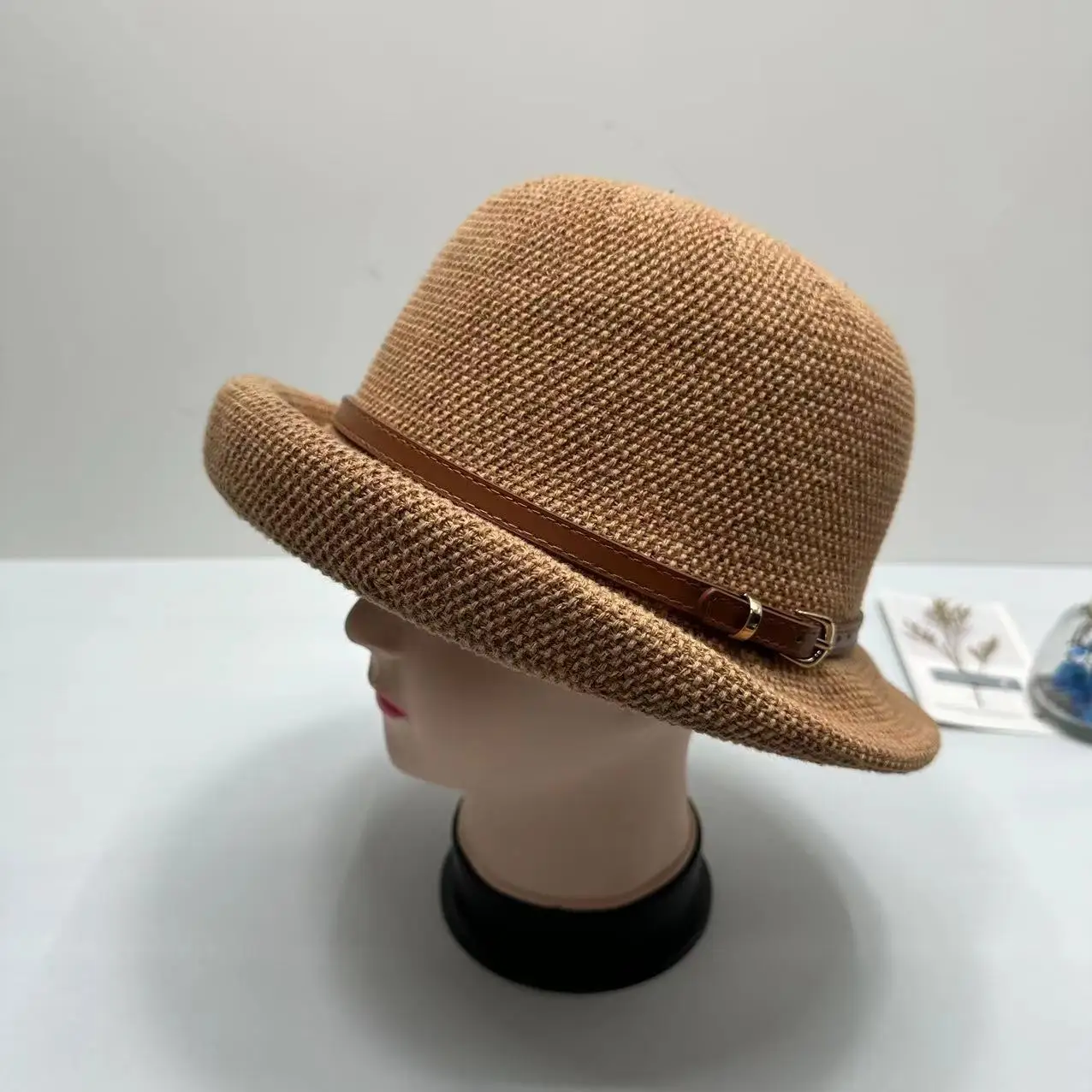 

Knitted Lightweight Bucket Hat Leather Buckle Spring Summer Sun Protection British Style Fashionable Travel Versatile