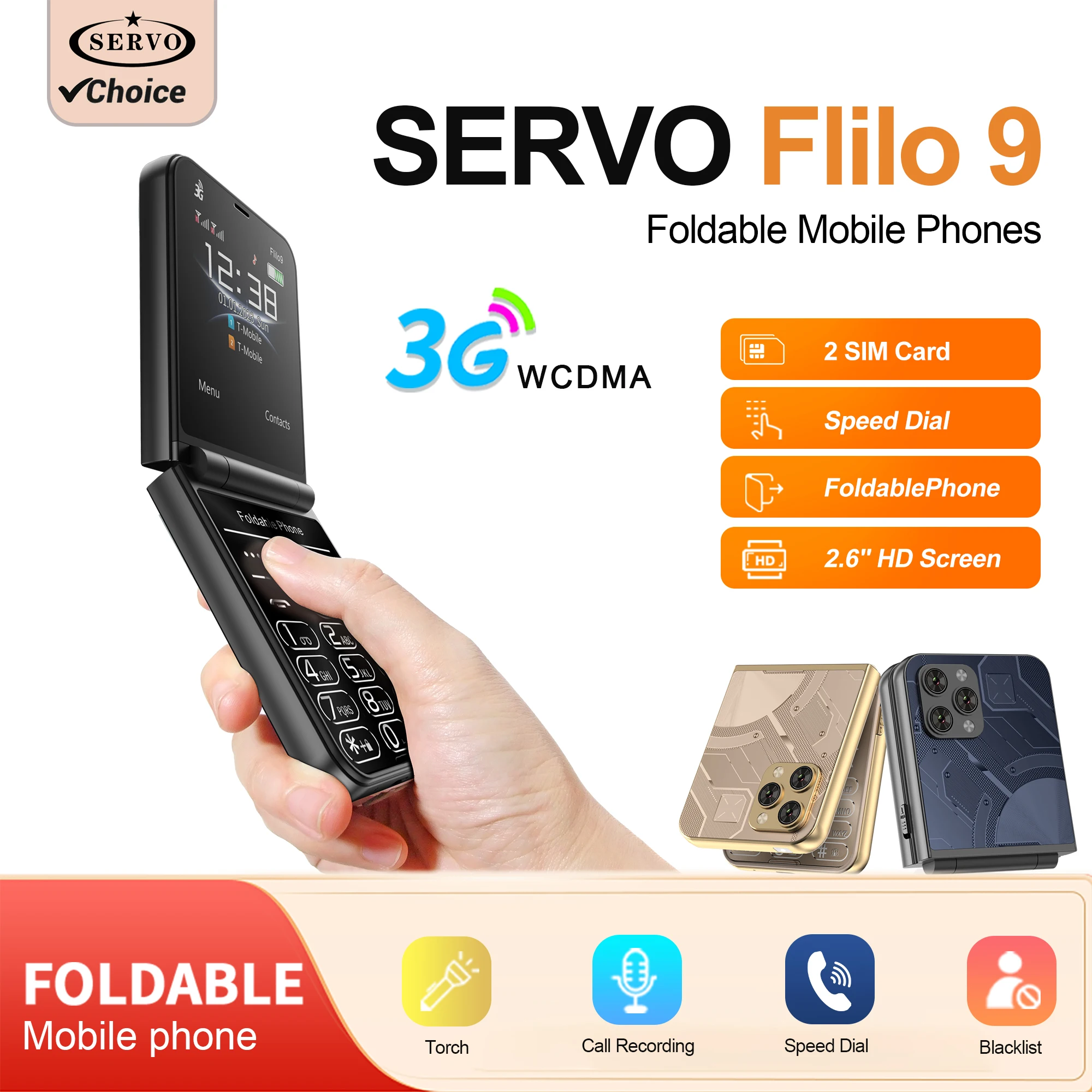 SERVO Flilo9 Flip Phone Dual SIM Card 3G Electric Torch Automatic Call Recording 2.6 Inch Screen Foldable Mobile Phones Type-C
