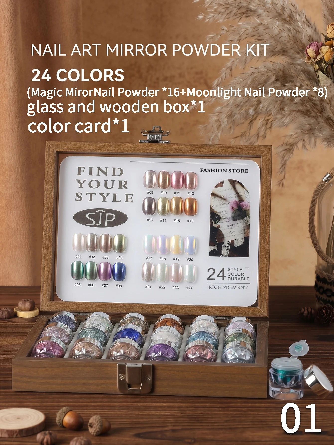 12/24-color Moonlight Magic Mirror Nail Powder Set includes color chart and storage box; high-end ultra-fine powder.