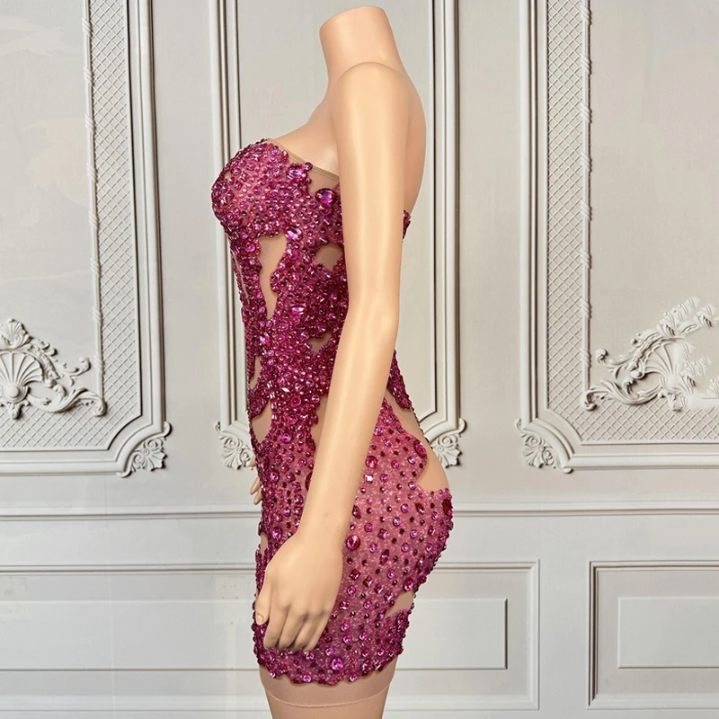 Vestido de fiesta rosa con diamantes de imitación para mujer, traje de actuación para celebración, club nocturno, Bar, Festival, vestido de noche, ropa de escenario XS10283