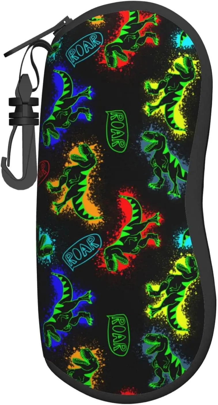 

Colorful Dino T-rex Dinosaur Black Glasses Case Sunglasses Soft Case Portable Travel Zipper Eyeglass