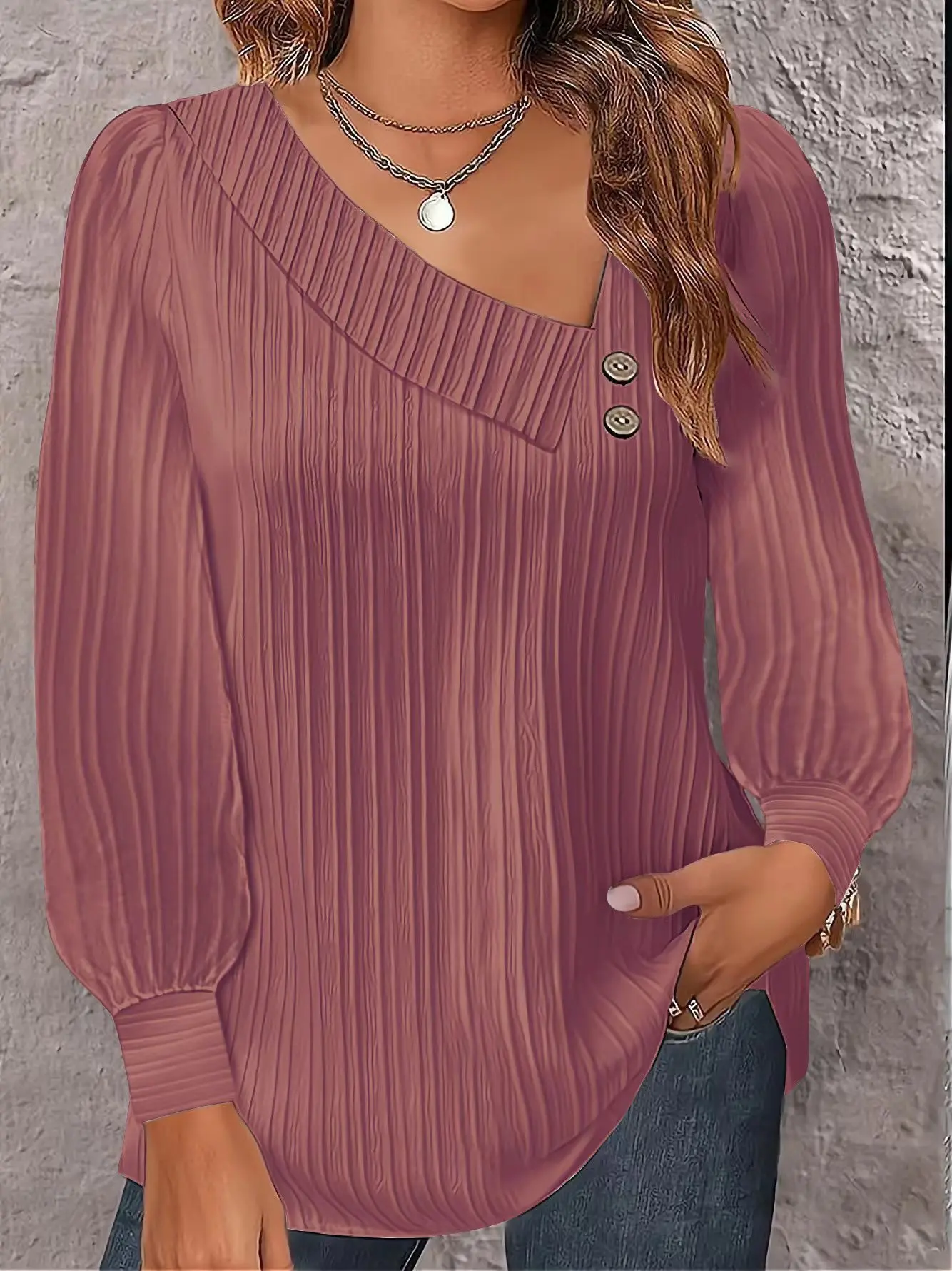 Asymmetric Collar Button Top Women\'s Long Sleeve Textured Shirt Autumn Casual Daily T-Shirt