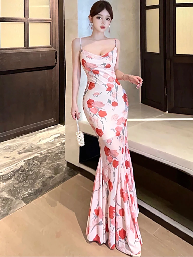 Women Boho Floral Mesh Chic Ruffled Mermaid Dress Summer Elegant Bodycon Sling Sexy Dress 2025 Korean Fashion Luxury Party Dress