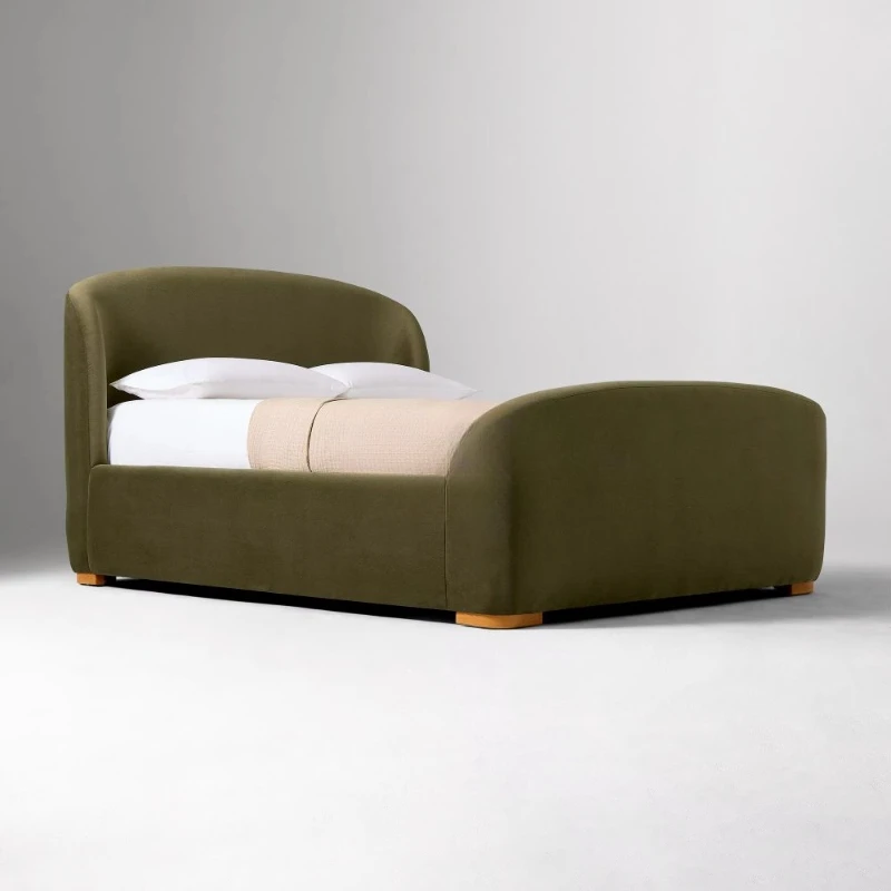 

Luxury modern upholstered king toboggan bed with wooden frame and plywood