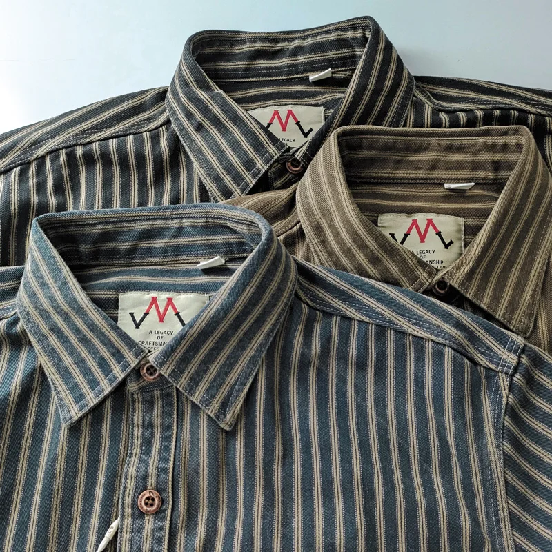 2025 Spring and Autumn New American Retro Woven Striped Cargo Shirt Men's Simple 100% Cotton Washed Double Pockets Thin Jacket