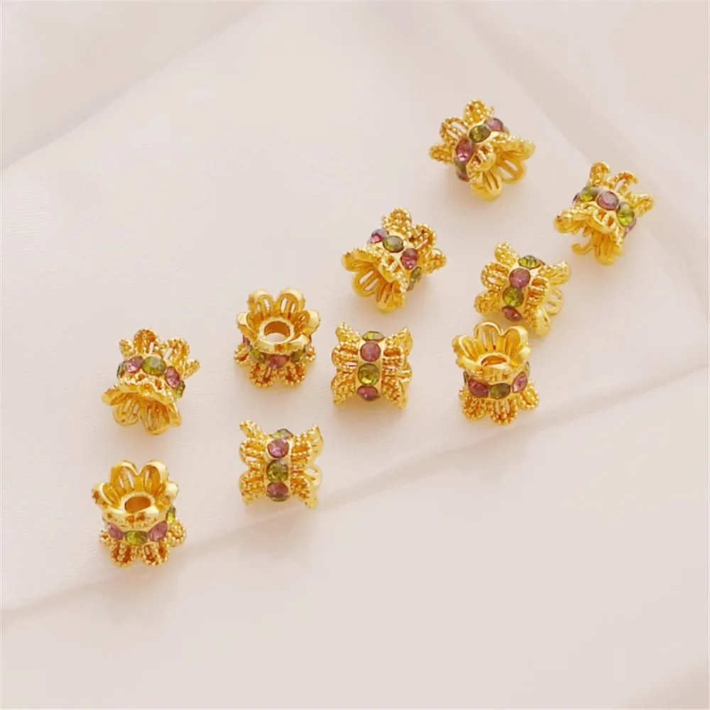 18K Gold Inlaid Zircon Double-sided Flower Holder Beads, Hollow Flower Hat Material, DIY Jewelry Accessories, 6mm, Matte Gold