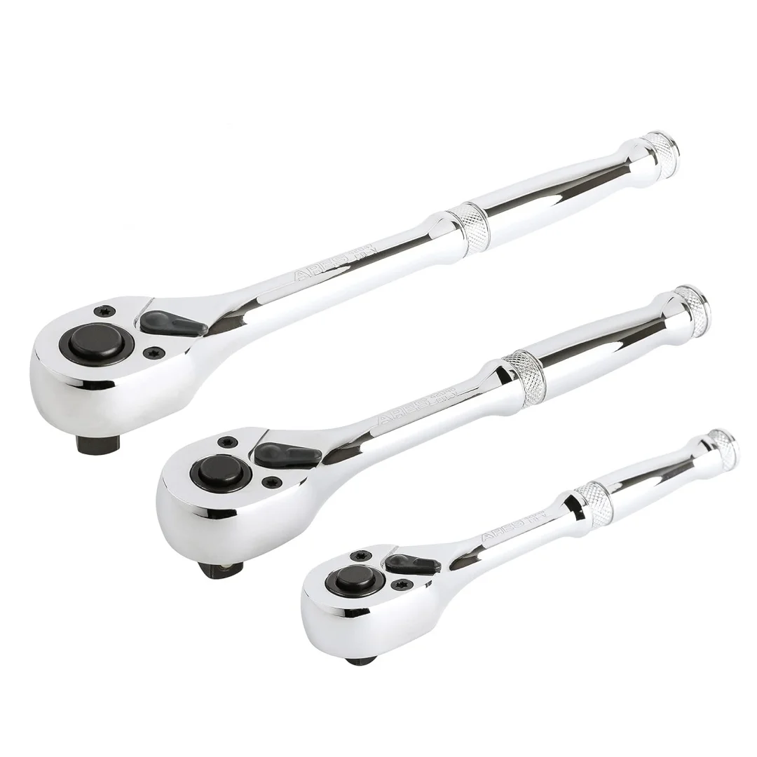 Quick-Release Ratchet Set with Teardrop Head, Full-Polished Chrome Solid Handle, 1/4, 3/8, 1/2-Inch