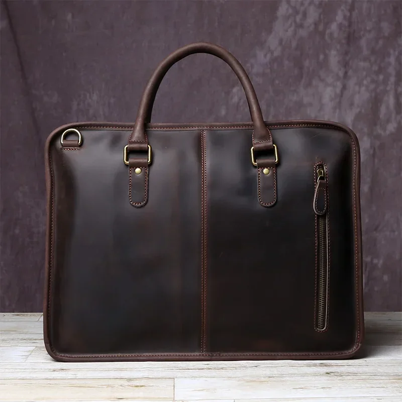 New leather men's business leisure handbag with cowhide horizontal style and large capacity single-shoulder messenger briefcase