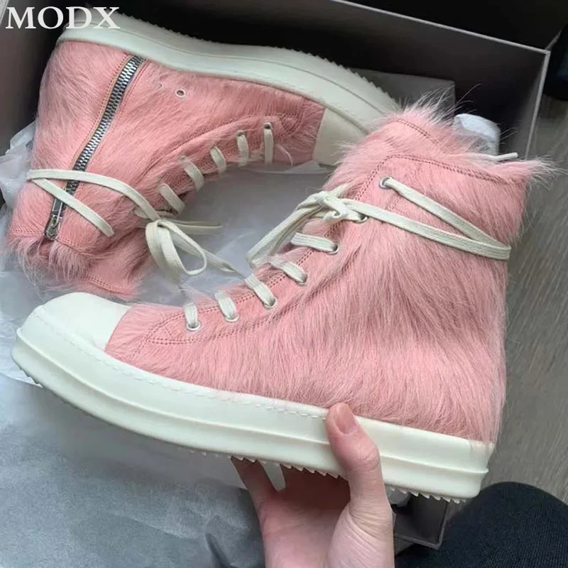 Pink Fur High Top Canvas Shoe Men Fashion Round Head Casual Flat Bottom Straps Sport Shoe Plush Design Side Zipper Sneakers Lady