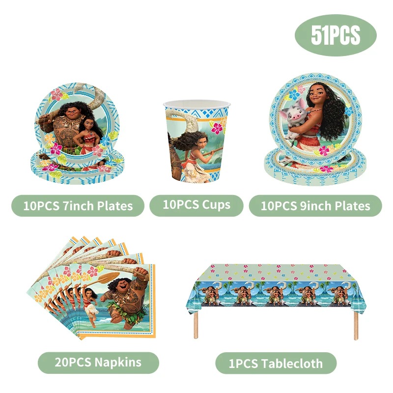 Disney Moana Princess Birthday Party Decoration Tableware Set Paper Cups Plates Tablecloth Backdrop Number Balloons Baby Shower