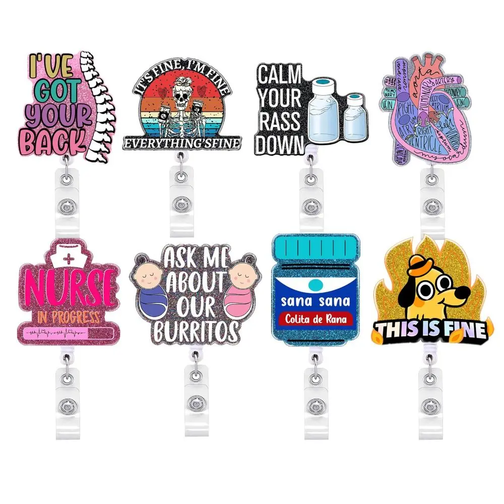 Glitter Nurse Retractable Badge Reel Acrylic Chill Pill Name Card Holder Letter 360 Rotating Alligator Clip