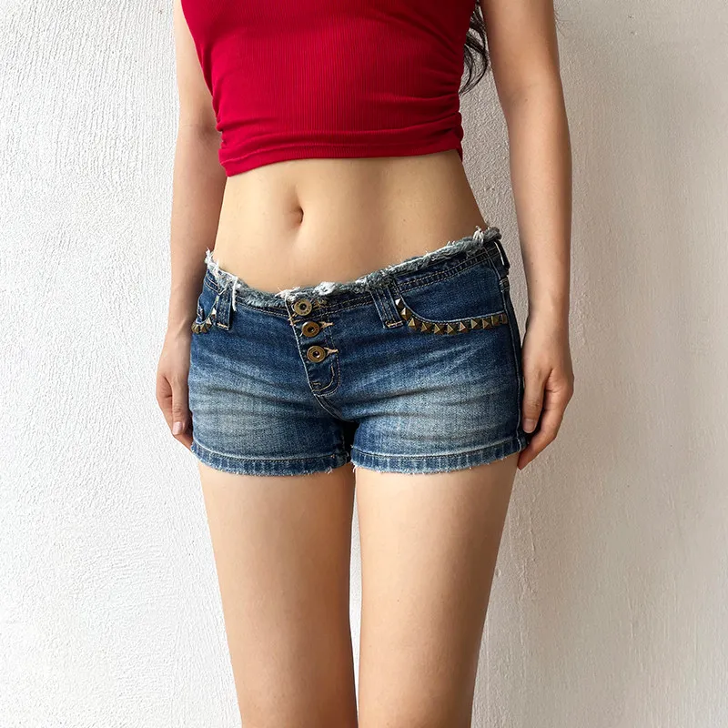 New Y2K Harajuku Fashion Denim Shorts Female Retro Slim Rivet Trimmed Jean Shorts Spicy Girls Leisure Streetwear Summer Hot Pant view 4